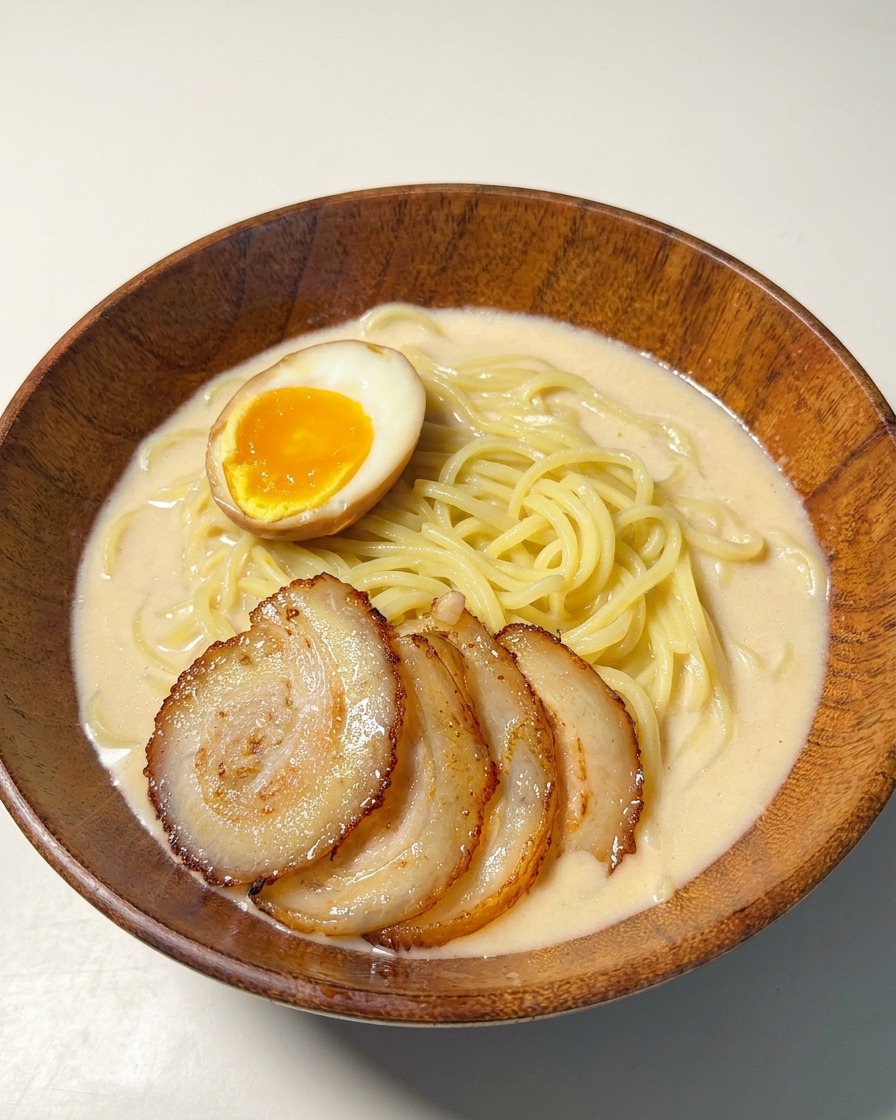 Miska ramenu z boczkiem chashu i połówką jajka na miękko z jaskrawym żółtkiem.