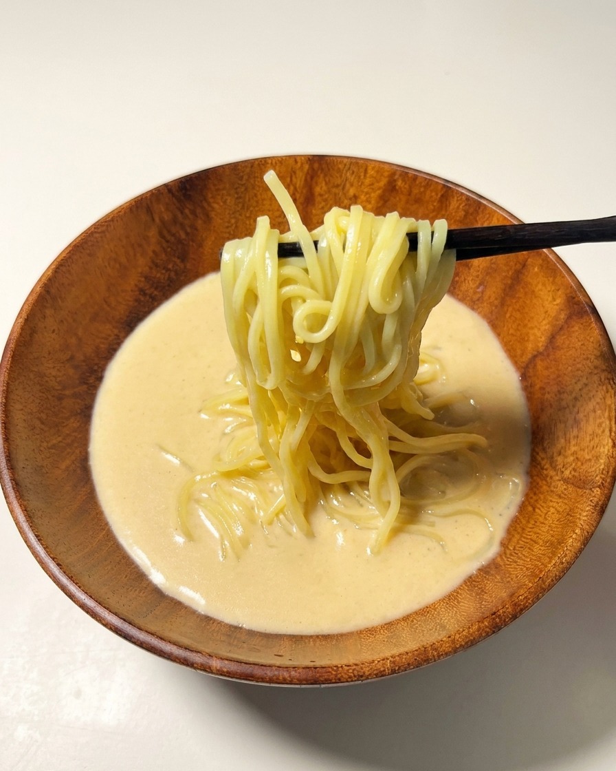 Ugotowany makaron ramen układany w kremowym bulionie za pomocą ciemnych pałeczek.