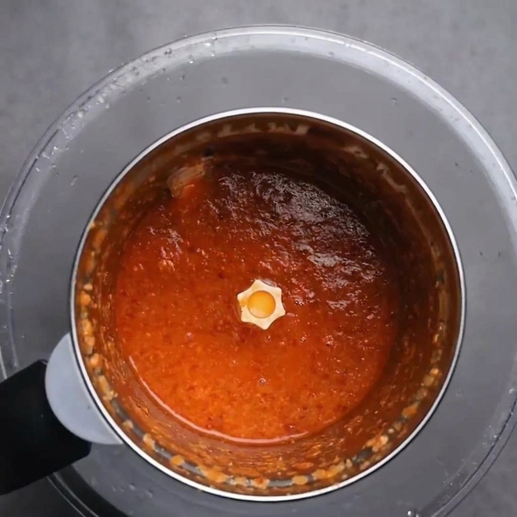 Widok z góry na kielich blendera zawierający gładkie, intensywnie czerwone purée z chili.