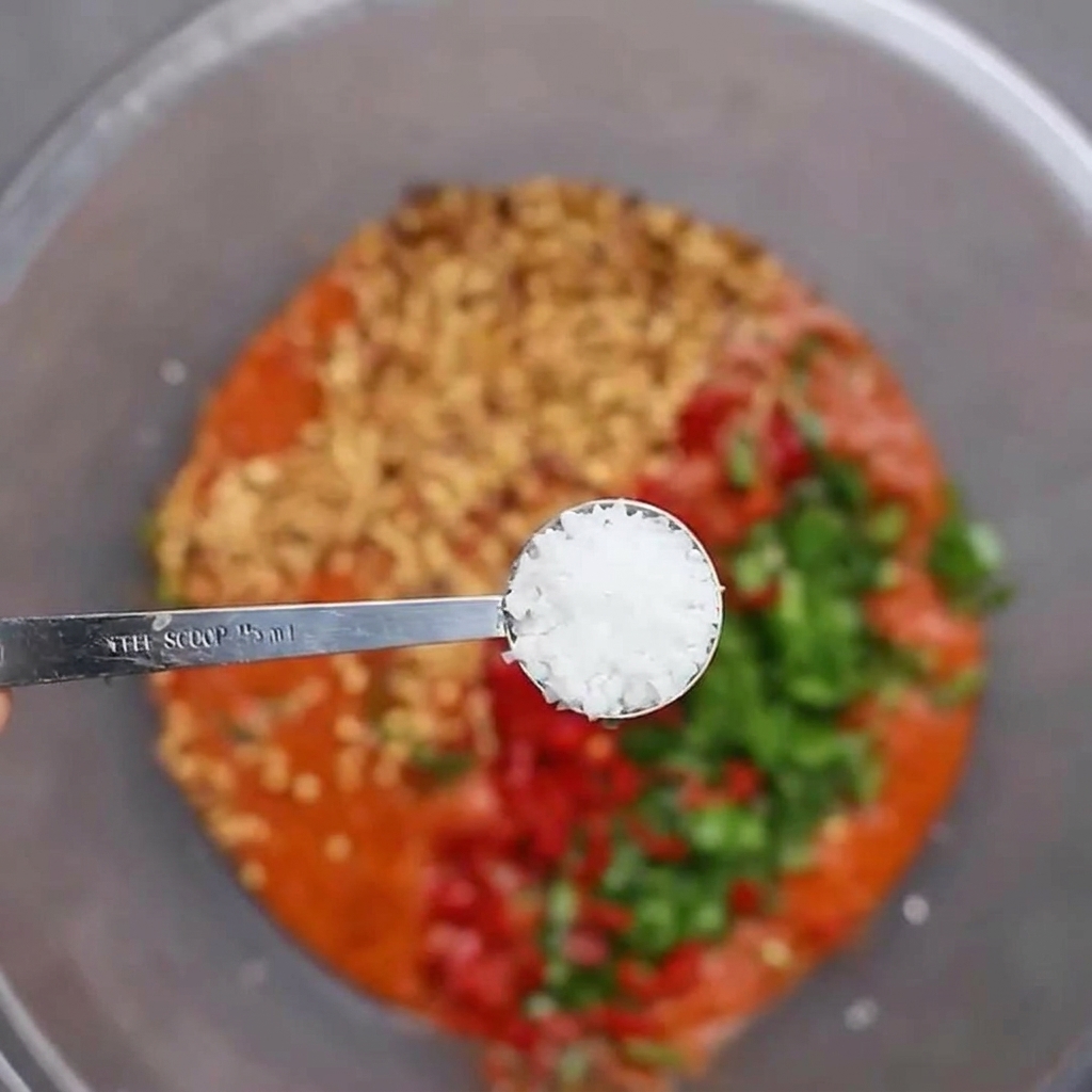 Dodawanie łyżki soli morskiej do miski wypełnionej purée z czerwonego chili, posiekanym świeżym chili i czosnkiem.