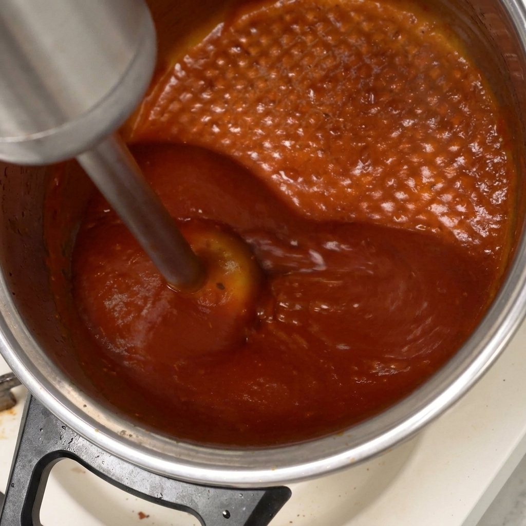 Użycie blendera ręcznego do miksowania gęstego sosu BBQ w garnku.