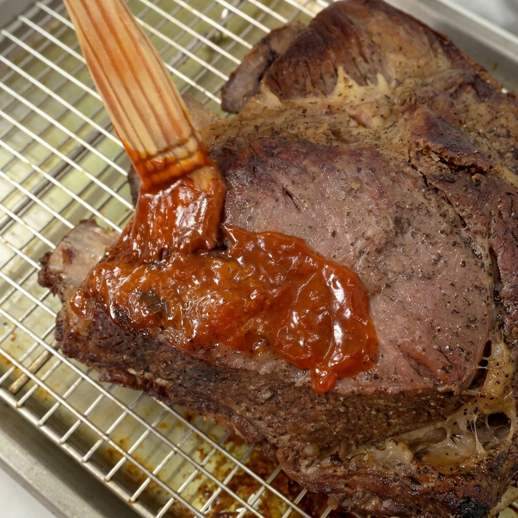 Pędzel kuchenny rozprowadzający grubą warstwę sosu BBQ na upieczonych żebrach.