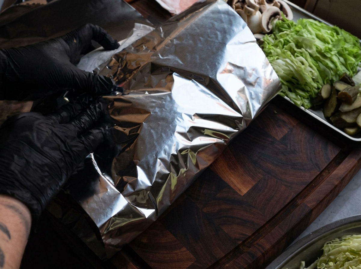 Ręce w czarnych rękawiczkach ciasno zawijające folię aluminiową wokół żeberek owiniętych w papier do pieczenia.