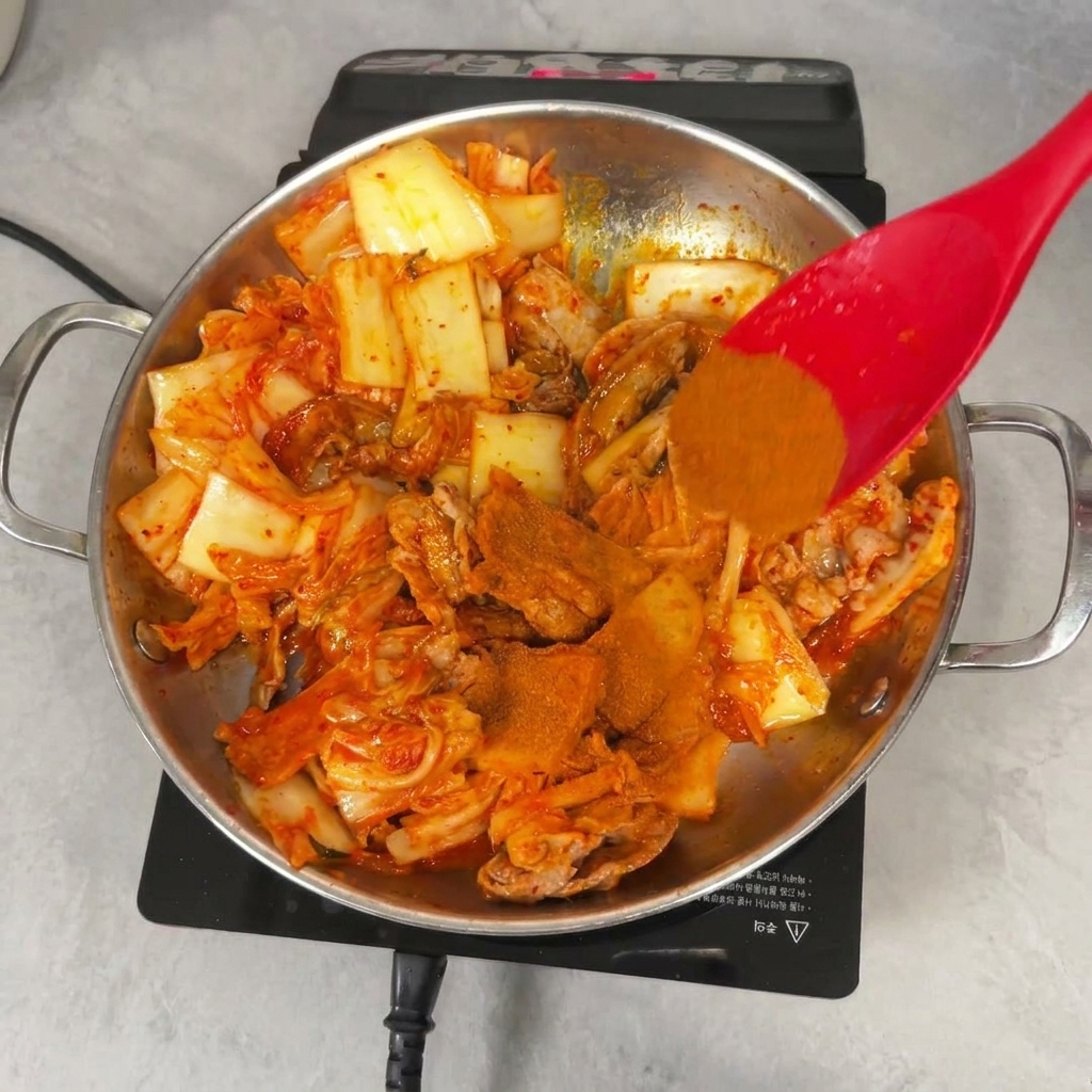 Czerwona szpatułka wmieszająca jasnoczerwone płatki chili do patelni z usmażonym kimchi i boczkiem.