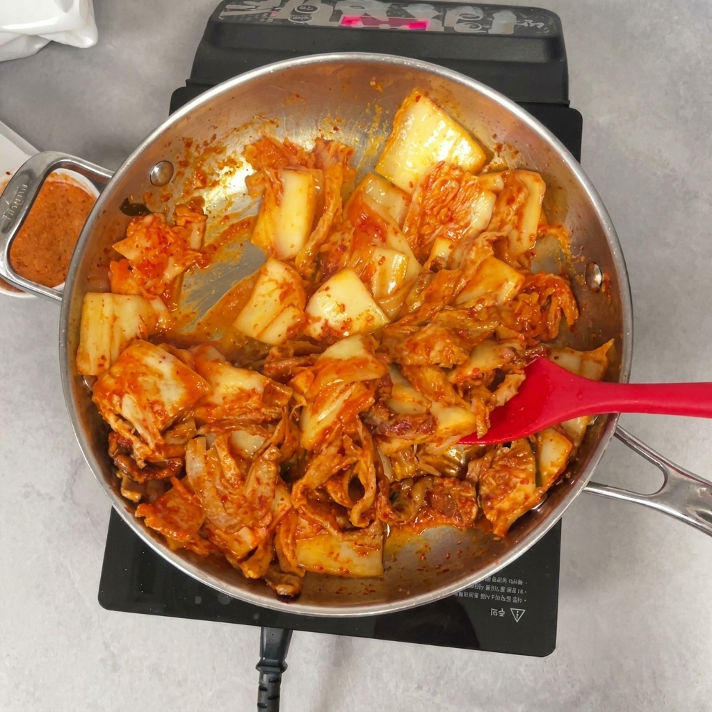 Czerwona szpatułka mieszająca mieszankę boczku, kimchi i płatków chili na patelni.