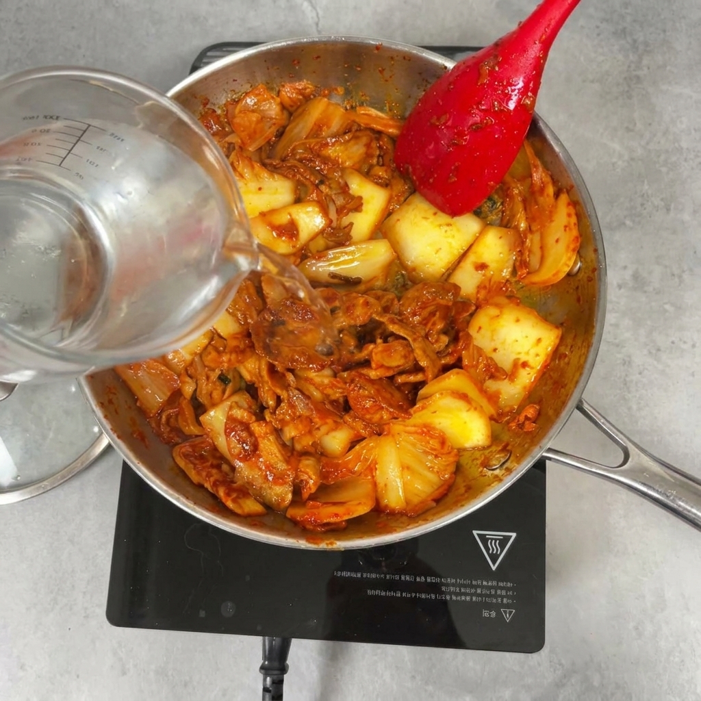 Wlewanie wody ze szklanej miarki na pikantną mieszankę kimchi i boczku na patelni ze stali nierdzewnej.