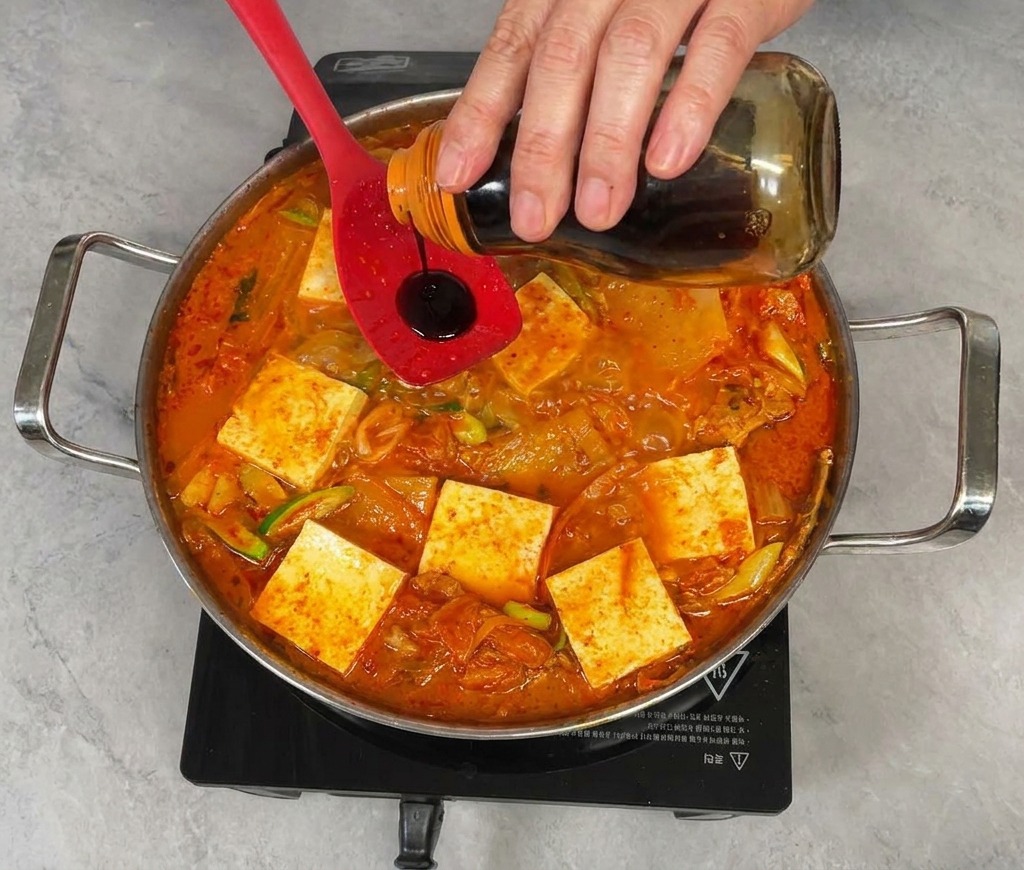 Kucharz wlewający ciemną płynną przyprawę ze szklanej butelki na czerwoną silikonową łyżkę trzymaną nad bulgoczącą zupą kimchi.
