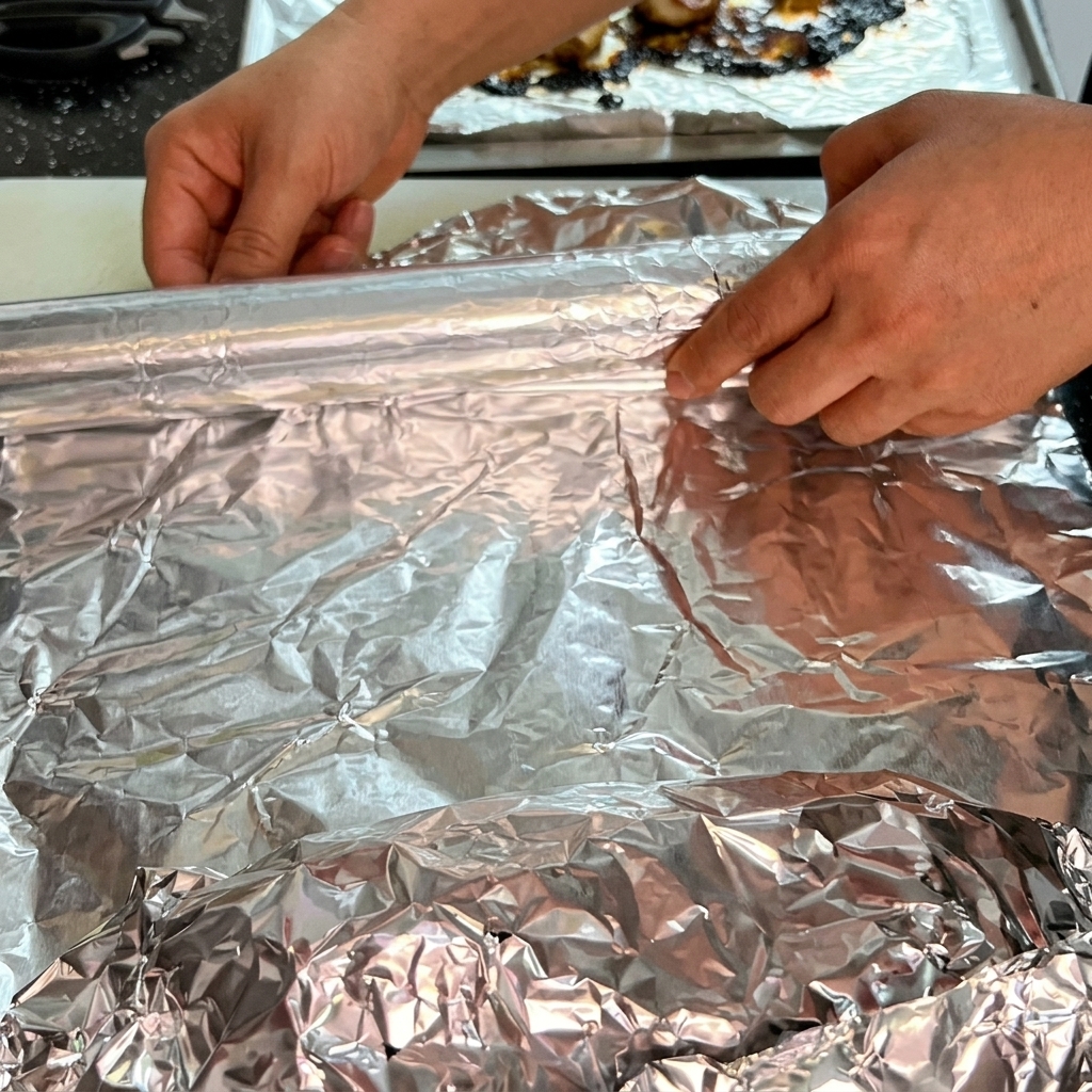 Dłonie rozwijające arkusz folii aluminiowej do zawinięcia pieczeni.