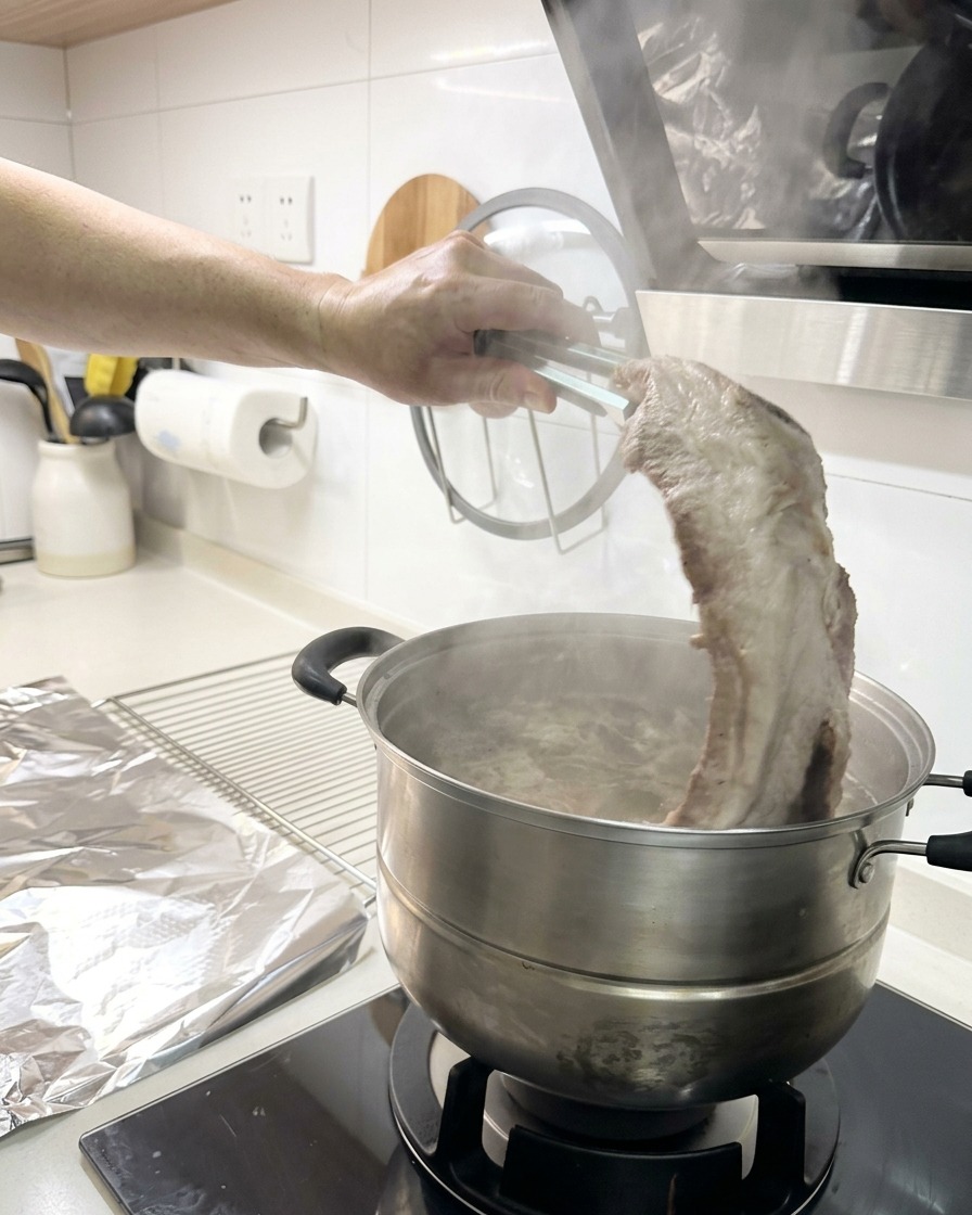 Ręka używająca metalowych szczypiec do wyjęcia długiego płata podgotowanych żeberek z parującego garnka.