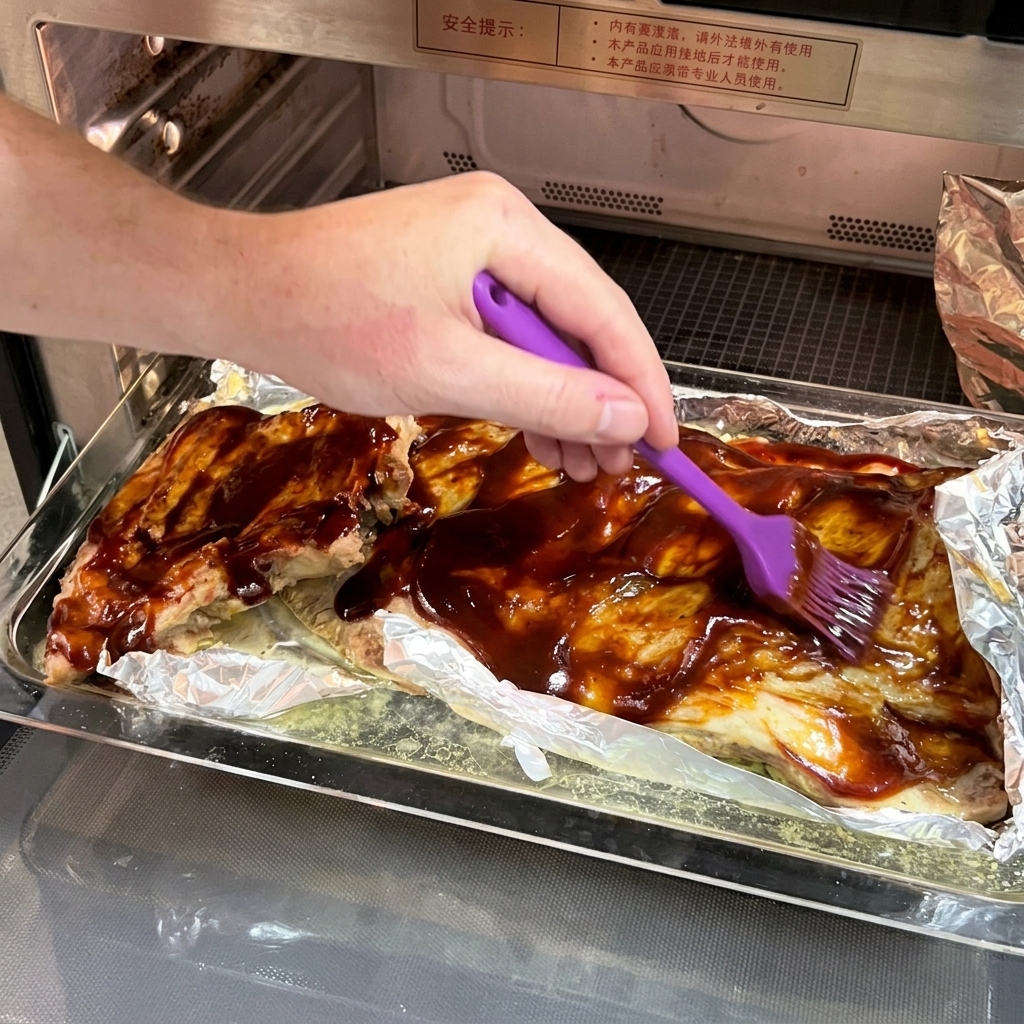 Ręka z fioletowym pędzelkiem silikonowym rozprowadzająca ciemny sos BBQ na upieczonych żeberkach.