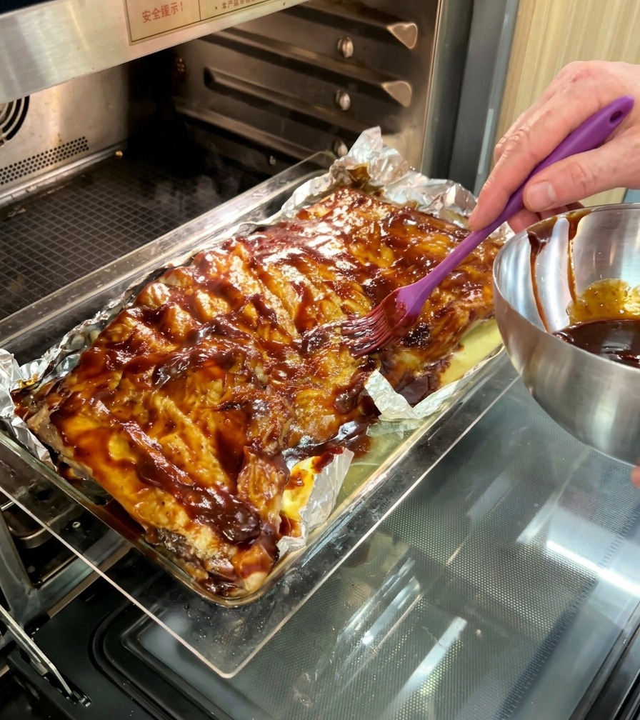 Osoba wsuwająca blachę z żeberkami pokrytymi sosem BBQ z powrotem do profesjonalnego piekarnika.