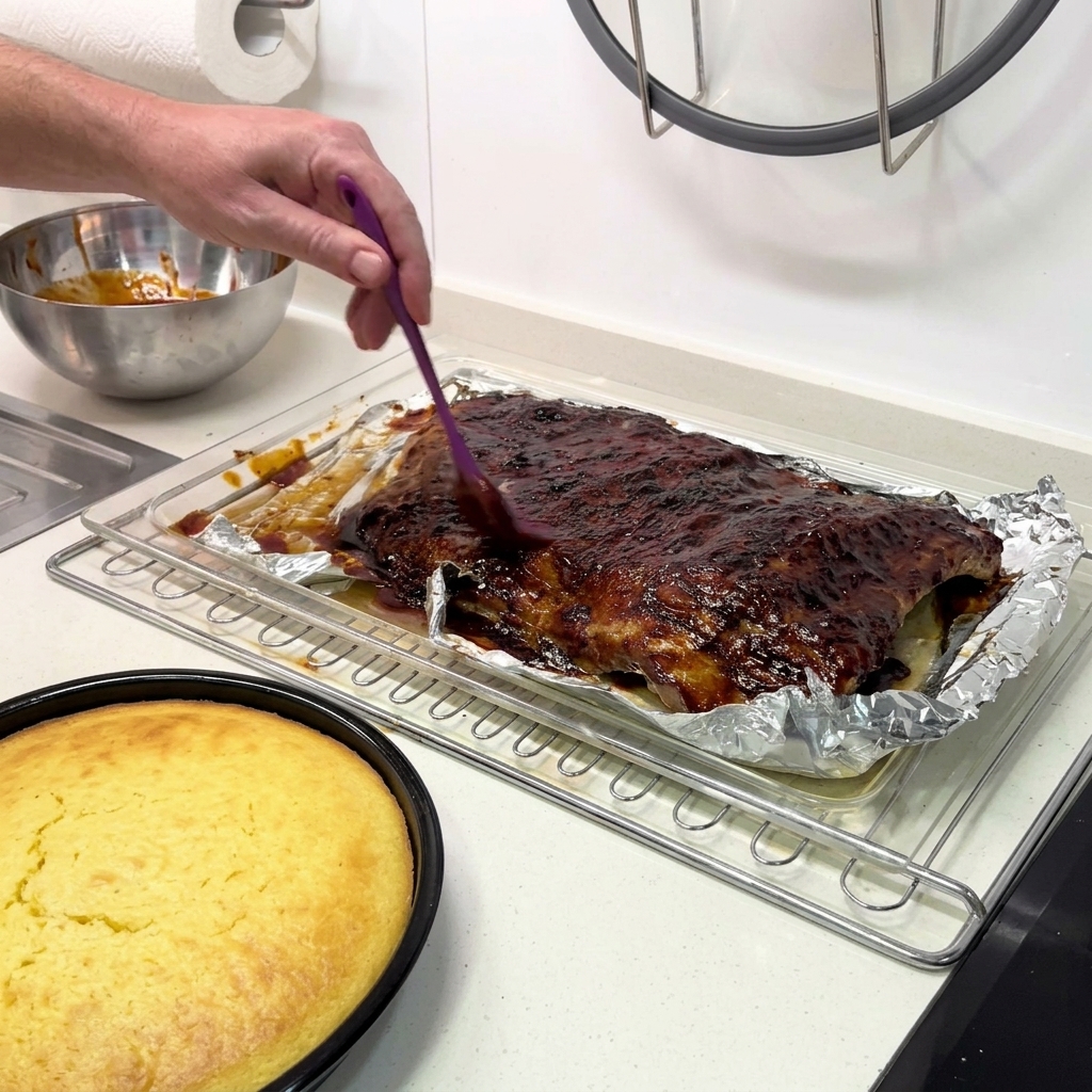 Ręka nakładająca lśniącą warstwę sosu BBQ na duży płat żeberek leżący na kratce.