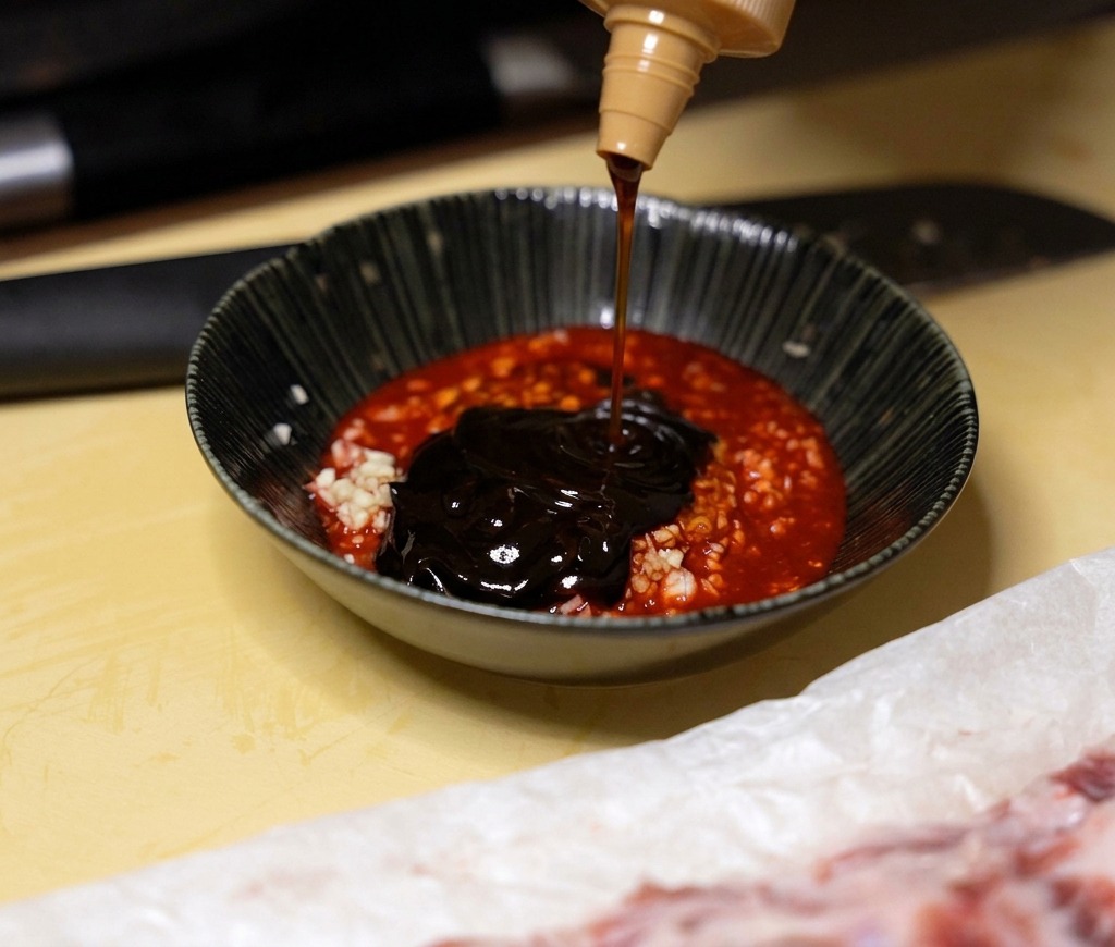Ciemna pasta chu hou wyciskana z butelki do miski z czerwoną marynatą i czosnkiem.