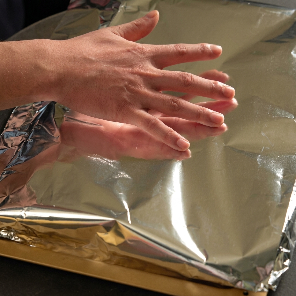 Dłonie zawijające płat przyprawionych żeberek w duży arkusz błyszczącej folii aluminiowej.