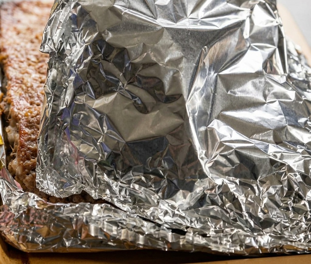 Dłoń odchylająca folię aluminiową, odkrywająca upieczone, soczyste żeberka na blasze.