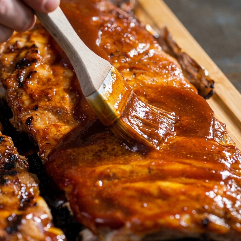 Pędzel kuchenny rozprowadzający błyszczącą glazurę BBQ po powierzchni upieczonych żeberek.