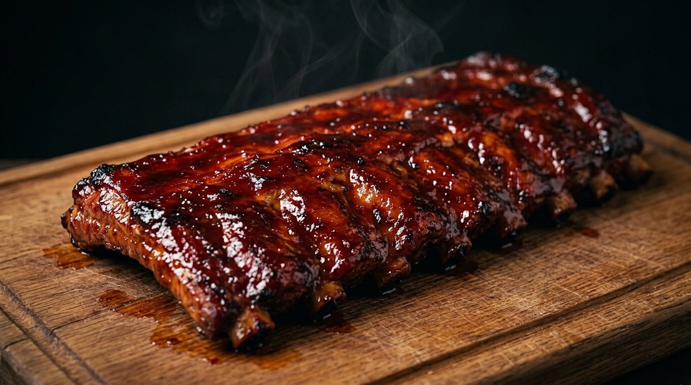 Błyszczące, kruche żeberka wieprzowe polane karmelizowanym sosem miodowo-BBQ, podane na drewnianej desce.