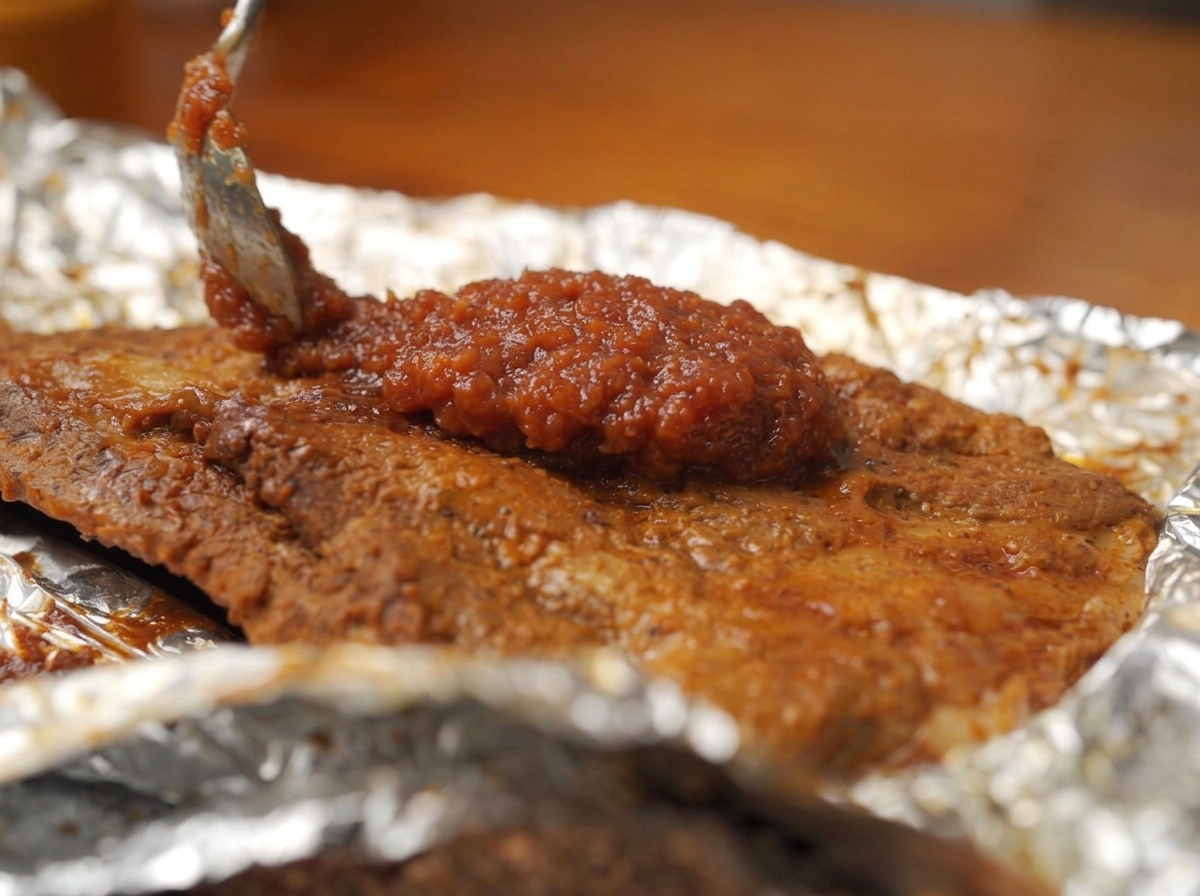 Metalowa łyżka nakładająca gęsty, czerwony sos jabłkowy BBQ na upieczone żeberka na folii.