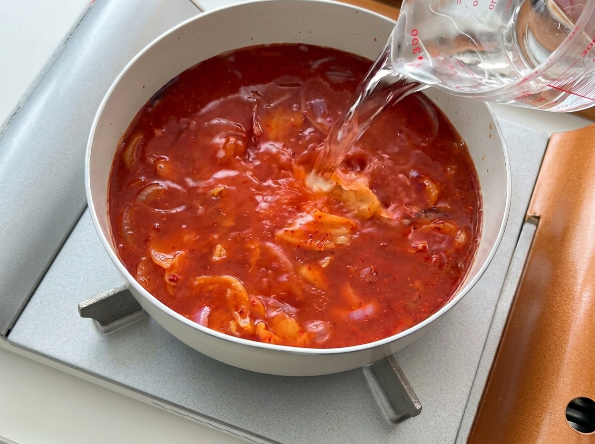 Czysta woda wlewana z miarki na patelnię z pikantnym czerwonym bulionem, cebulą i kimchi.