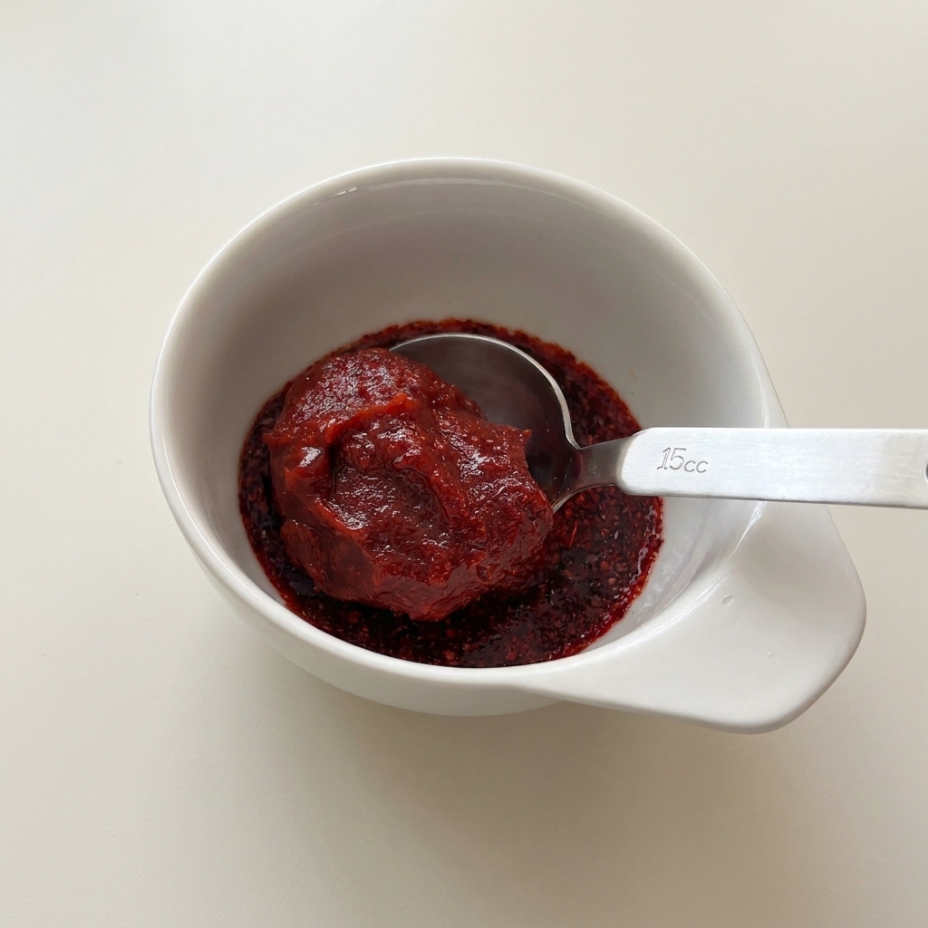 Metalowa łyżka z porcją gęstej, ciemnoczerwonej koreańskiej pasty chili oparta o krawędź małej białej miski.