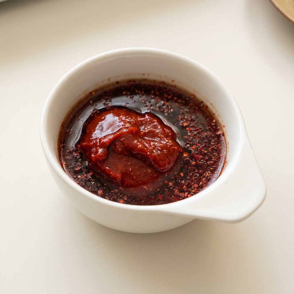 Mała biała miska zawierająca koreańską pastę chili, płatki chili i ciemny płyn.