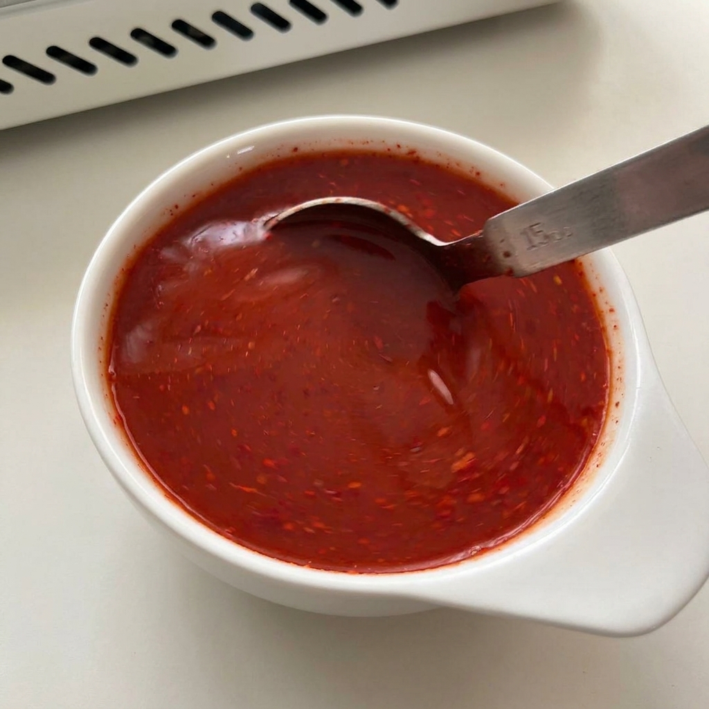 Jaskrawoczerwony sos chili mieszany równomiernie metalową łyżką w białej misce.