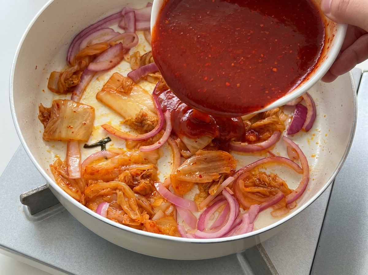 Jaskrawoczerwony sos chili wlewany z białej miski na mieszankę podsmażonej cebuli i kimchi na patelni.