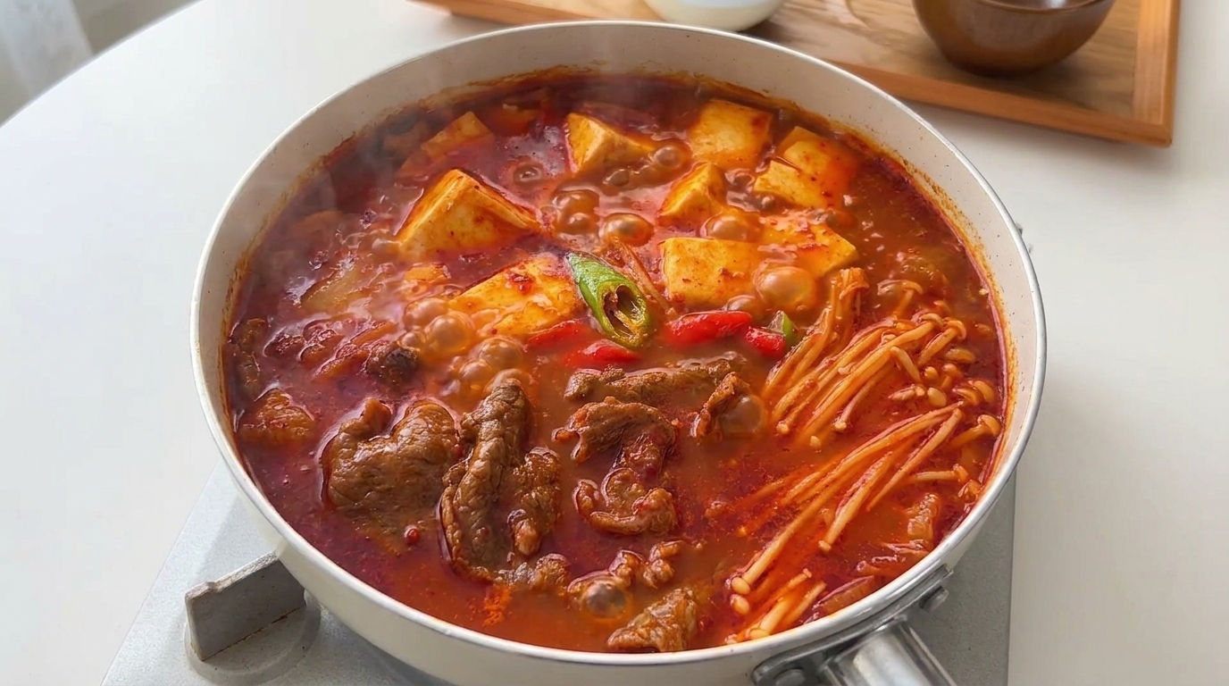 Pikantna Koreańska Zupa Kimchi z Wołowiną i Tofu