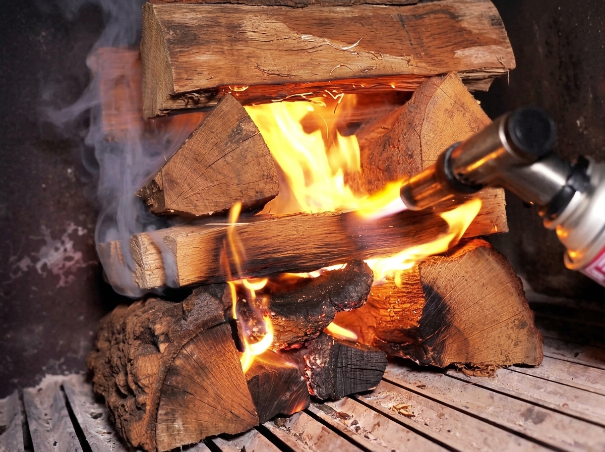 Palnik gazowy rozpalający stos polan w palenisku wędzarni barbecue.