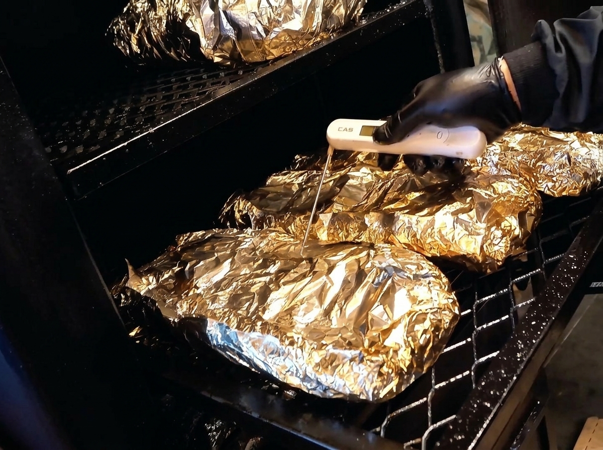 Ręka w rękawiczce wbija sondę termometru cyfrowego przez folię aluminiową w duży kawałek mięsa w wędzarni.