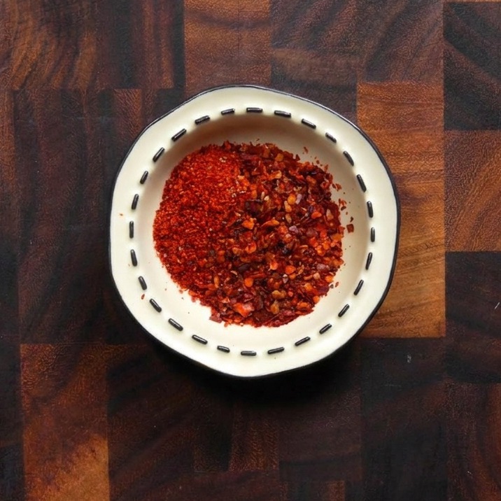 Mała ozdobna biała miseczka wypełniona mieszanką jaskrawoczerwonych, drobnych i grubych płatków koreańskiego chili.