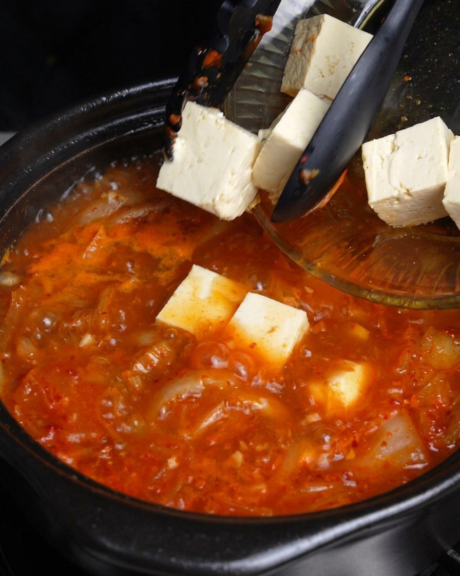 Zsuwanie świeżych, białych kostek tofu ze szklanej miski do wrzącego garnka z czerwoną zupą kimchi.