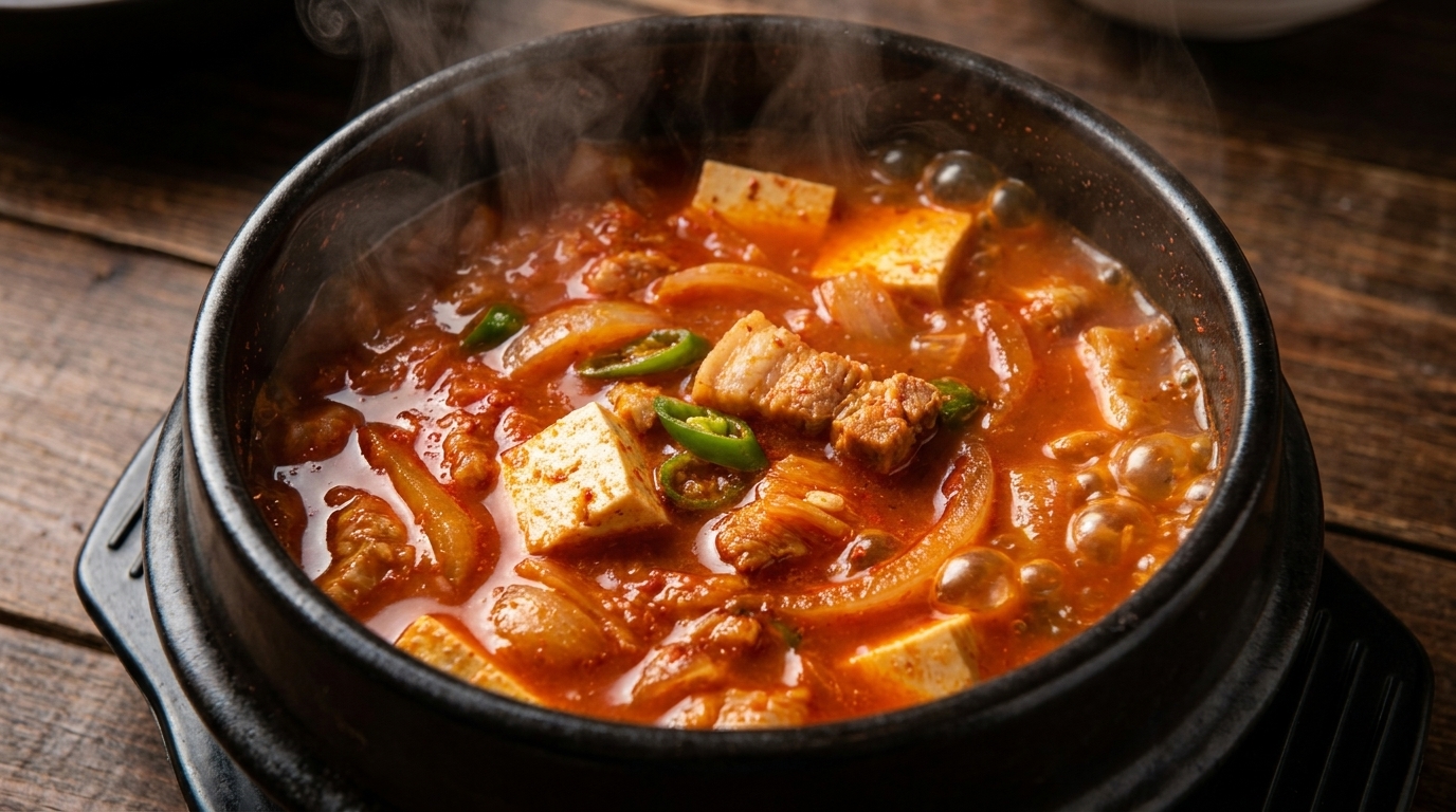Autentyczna koreańska zupa z kimchi i boczkiem (Kimchi-jjigae)