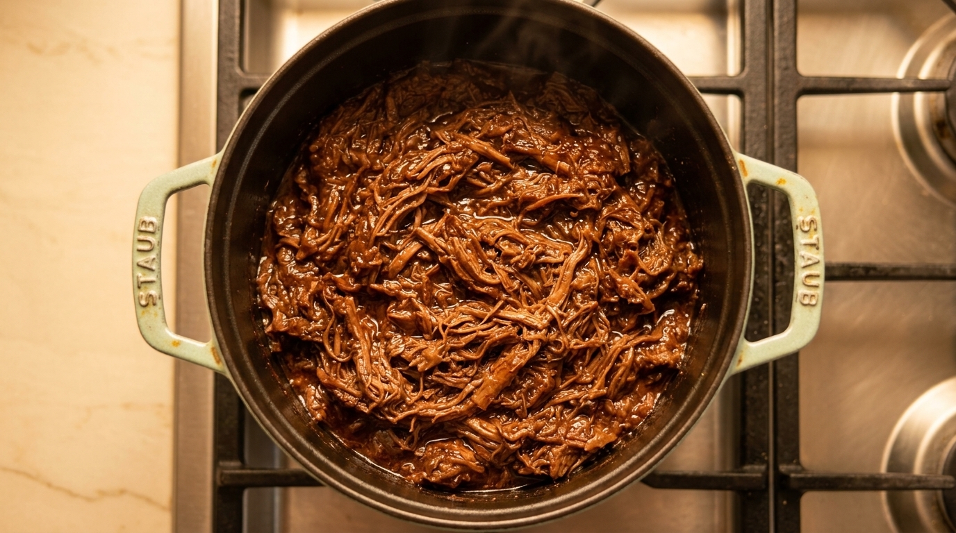 Delikatna, wolno pieczona wołowina, poszarpana i wymieszana z gęstym, błyszczącym sosem barbecue w żeliwnym garnku.