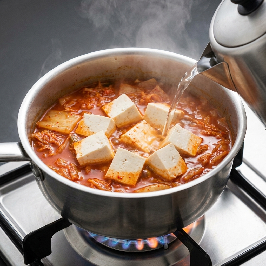 Gorąca woda wlewana z metalowego czajnika do garnka z czerwonym bulionem, kimchi i tofu.