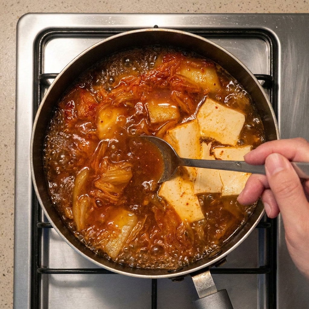 Metalowa łyżka mieszająca bulgoczący czerwony bulion z dużymi kawałkami tofu i kimchi.
