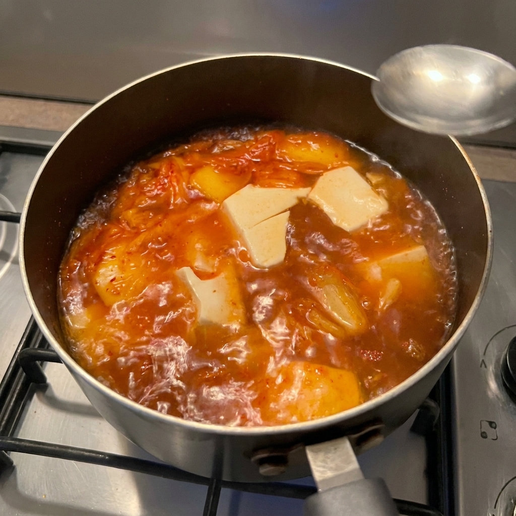 Metalowa łyżka nad parującym garnkiem zupy kimchi, dodająca płynną przyprawę.
