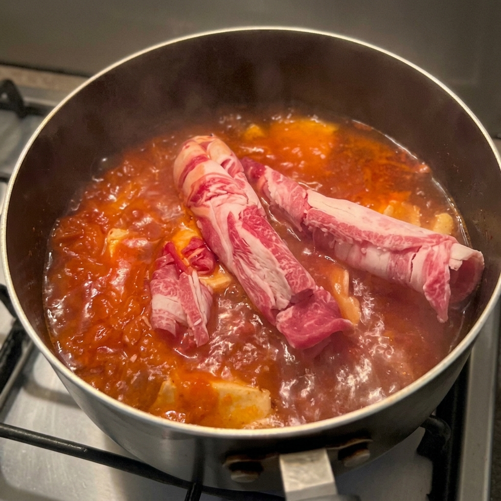 Cienkie surowe plasterki wołowiny w bulgoczącym czerwonym wywarze z tofu i kimchi.