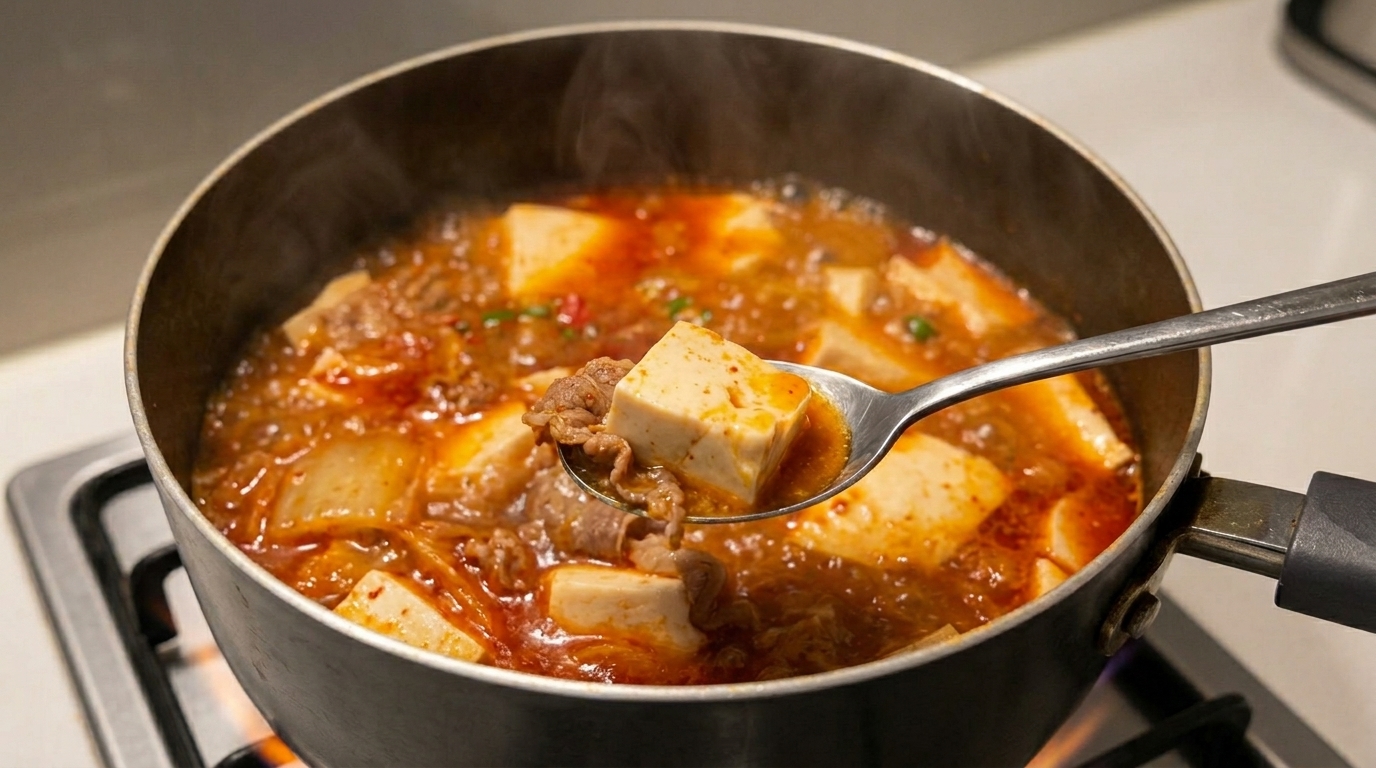 Szybka i prosta zupa Kimchi z wołowiną i tofu