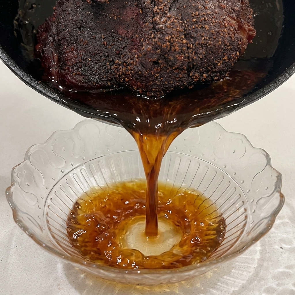Przelewanie ciemnego, aromatycznego sosu z pieczenia z patelni do szklanej miseczki.