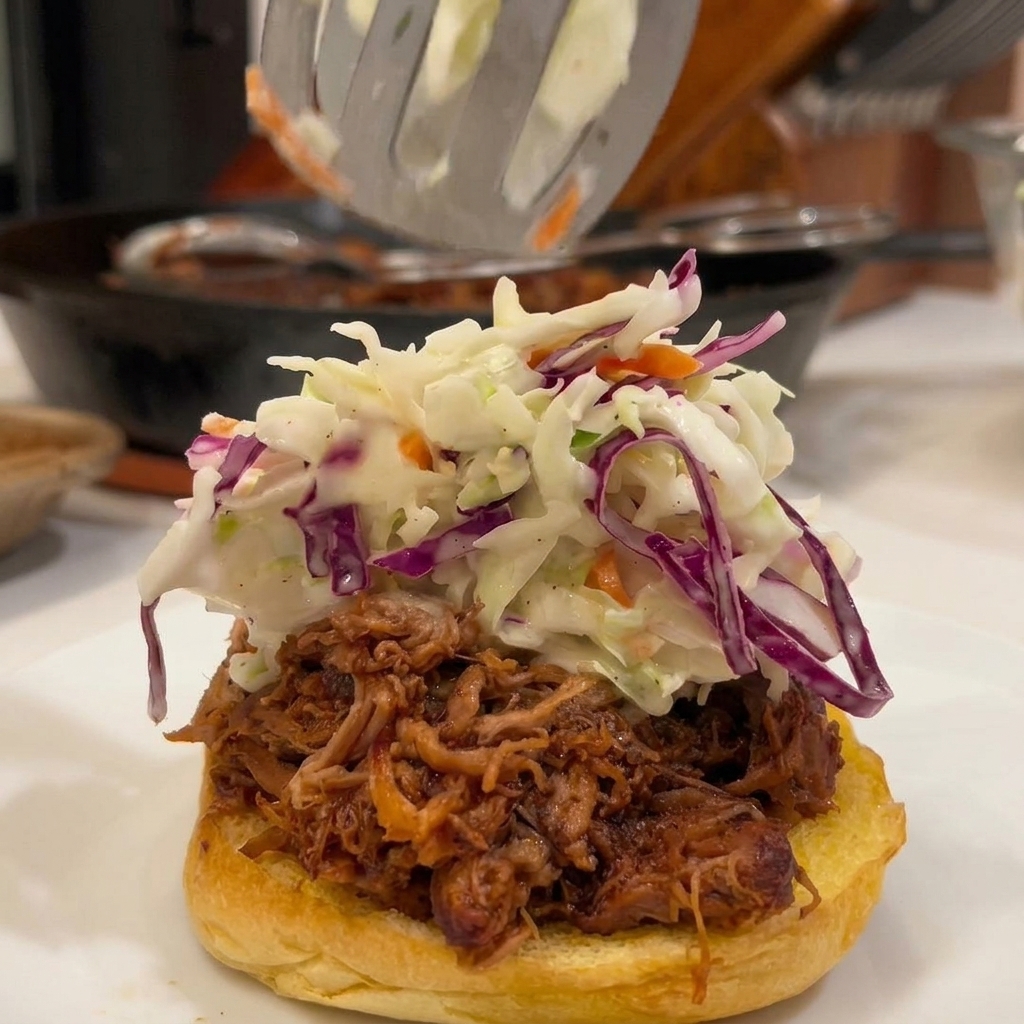 Nakładanie porcji kremowej surówki coleslaw na szarpaną wieprzowinę w burgerze.