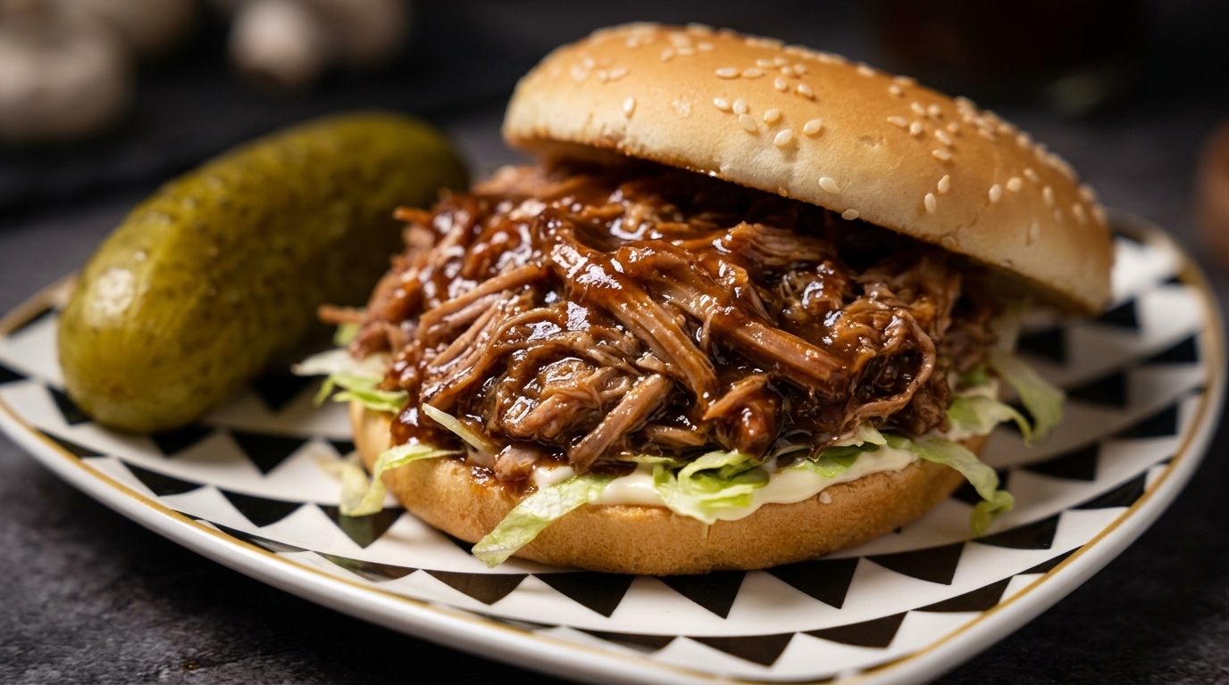Soczysty burger z szarpaną wieprzowiną BBQ z szybkowaru