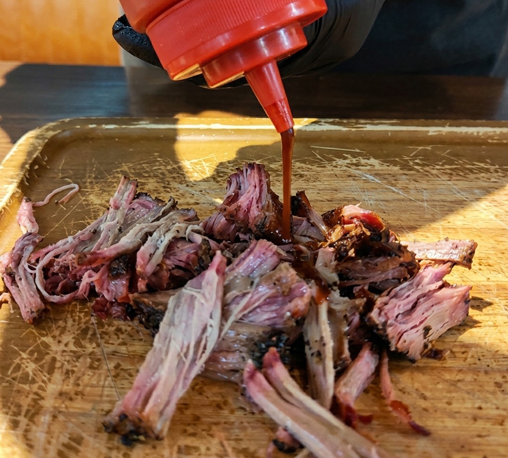 Wylewanie ciemnego sosu BBQ z czerwonej butelki na porcję szarpanej wieprzowiny na drewnianej desce.