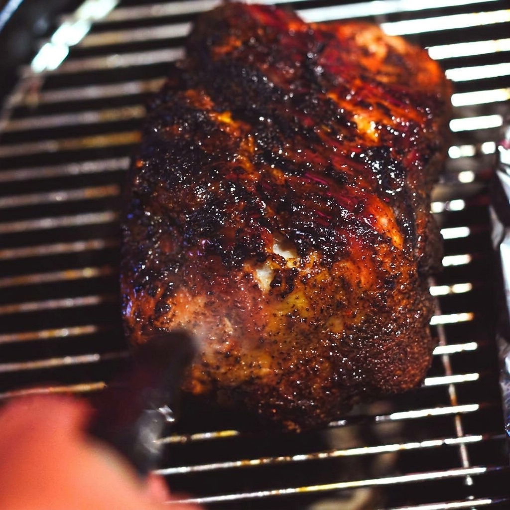 Ciemna łopatka wieprzowa na grillu spryskiwana jasnym płynem z butelki.