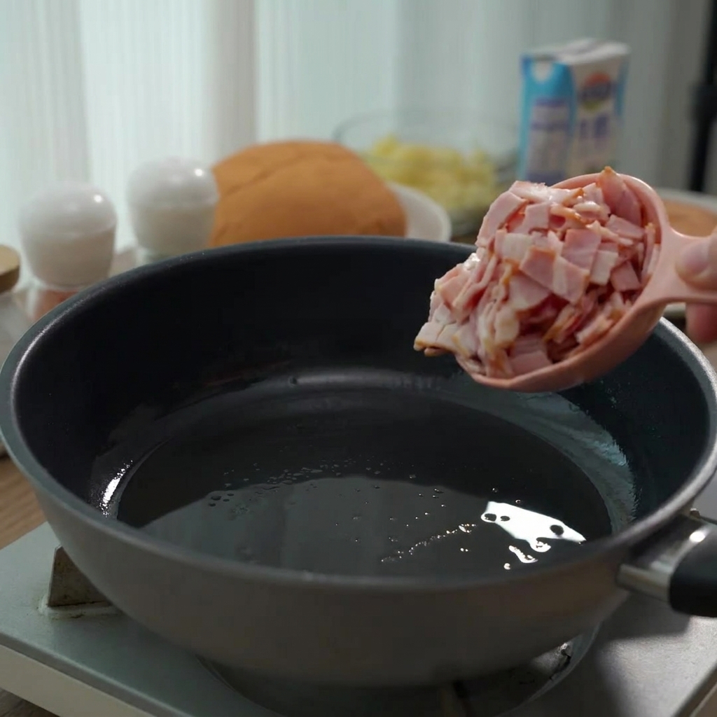 Kawałki surowego boczku wsypywane z różowej miarki na patelnię.