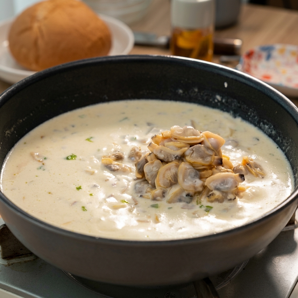 Mięso małży ułożone na środku kremowego chowderu w czarnym naczyniu.