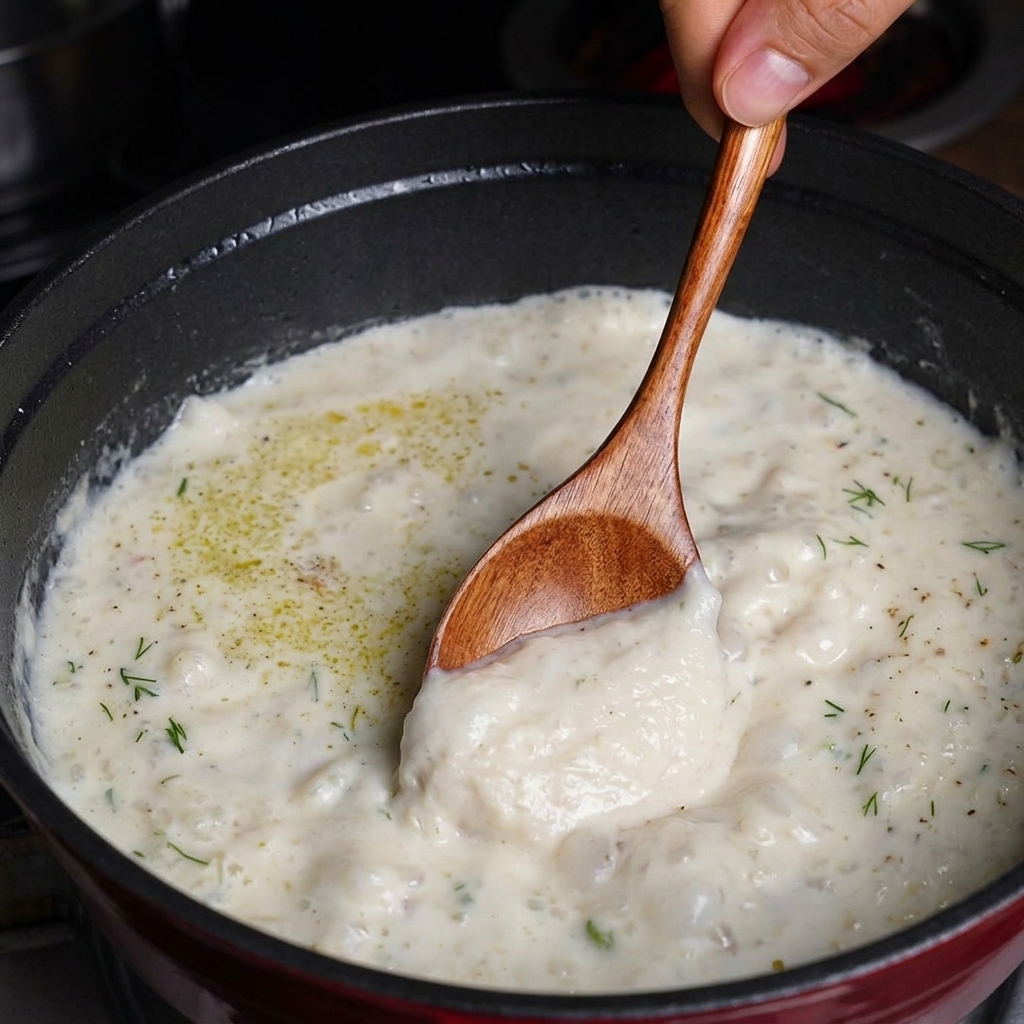 Mieszanie gęstej zupy chowder z ziołami w ciemnym garnku.