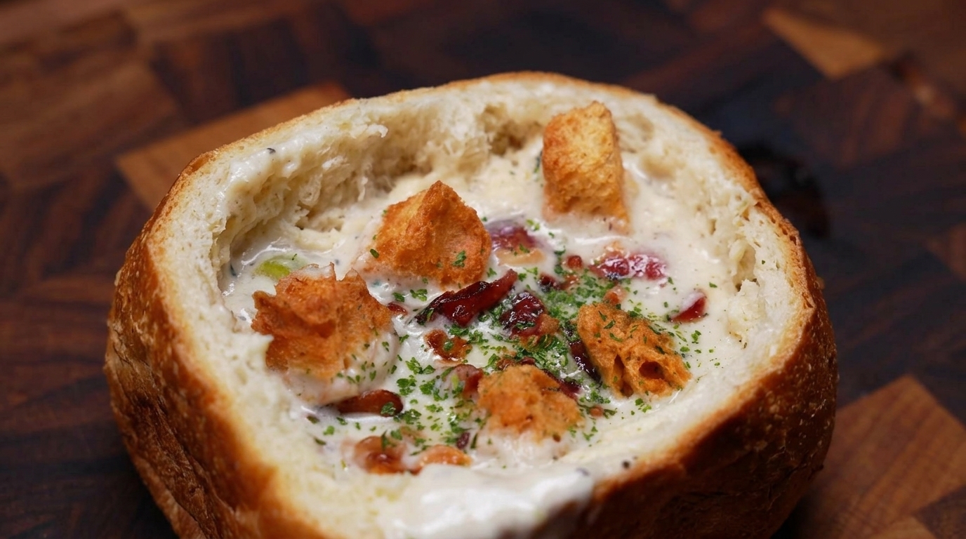 Amerykański Clam Chowder w chrupiącym chlebie