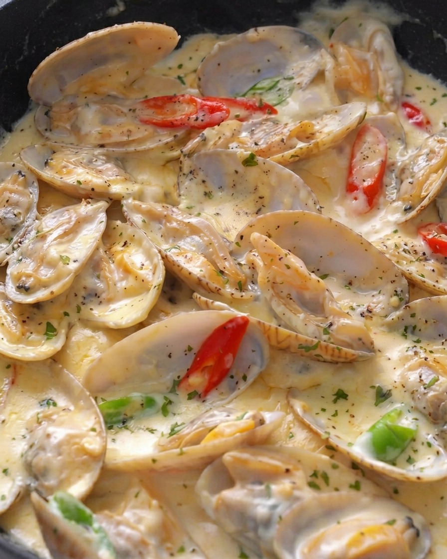 Patelnia z bąbelkującymi kremowymi małżami, udekorowanymi plasterkami chili i świeżo posiekaną natką pietruszki.