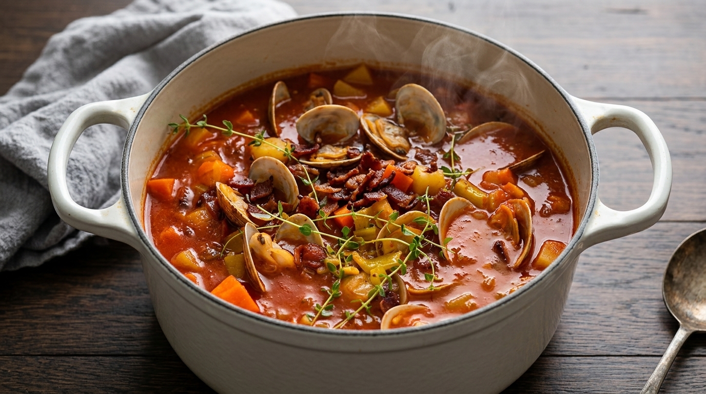Parujący garnek Manhattan Clam Chowder z dorodnymi, otwartymi małżami, chrupiącymi kawałkami boczku i świeżym tymiankiem.